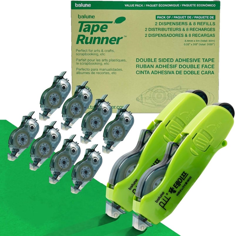 TAPE RUNNER Double Sided Tape with Retractable Dispenser Roller - Permanent, Acid Free, Transparent - 2 Runners & 8 Refill Cartridges - Ideal Scrapbook Supplies & Scrapbooking Supplies Kit - 315 Inches Each - Image 1